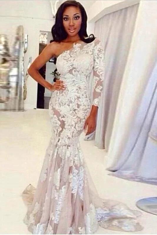 One Shoulder Long Sleeve Tulle Lace Pretty Mermaid Elegant Wedding Dresses (ZD14717)