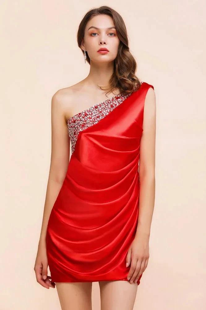One Shoulder Strech Satin Red Ruffle Bridesmaid Dress Floor Length/Mini Party Dress (ZD12986)