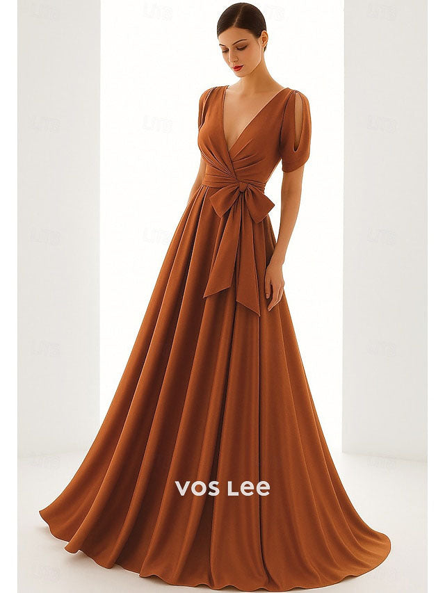 V-Neck A-Line Gown – Cold Shoulder Formal Dress with Sash Belt