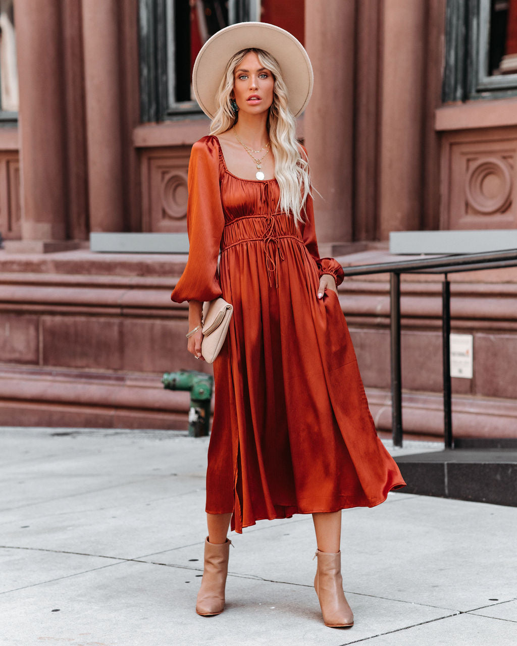 Pines Satin Pocketed Drawstring Midi Dress FINAL
