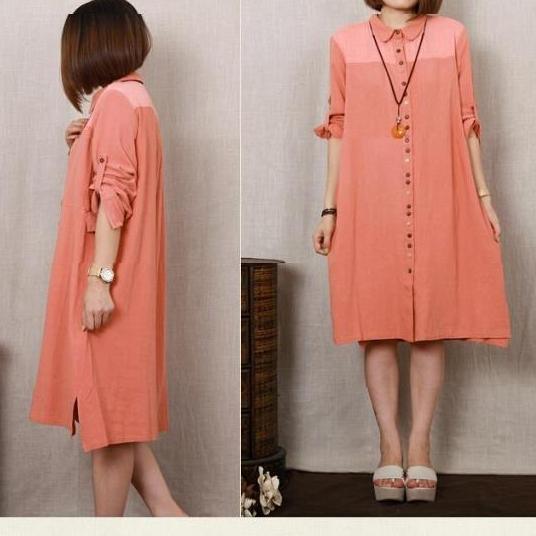 pink women long linen dress shift dress handmade sundress plus size