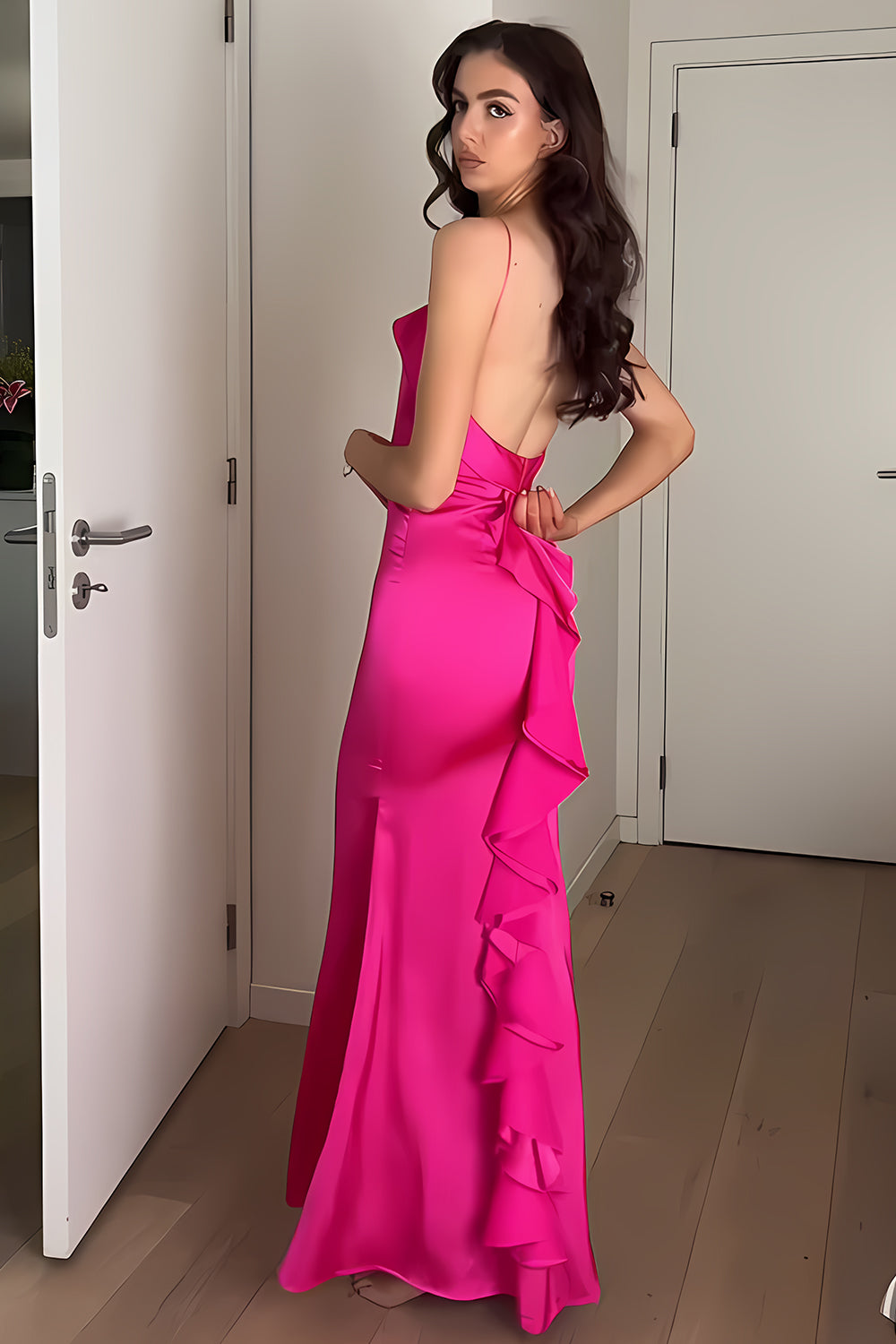 Charming Sheath Spaghetti Straps Fuchsia Long Party Dress with Open Back