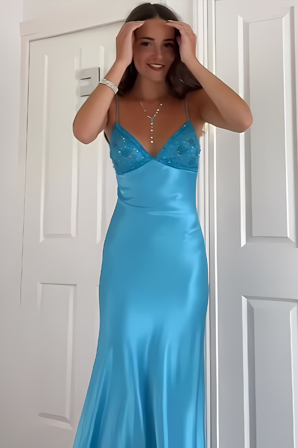Stylish Sheath Spaghetti Straps Blue Long Prom Dress with Backless - View 5 | VelvetHem