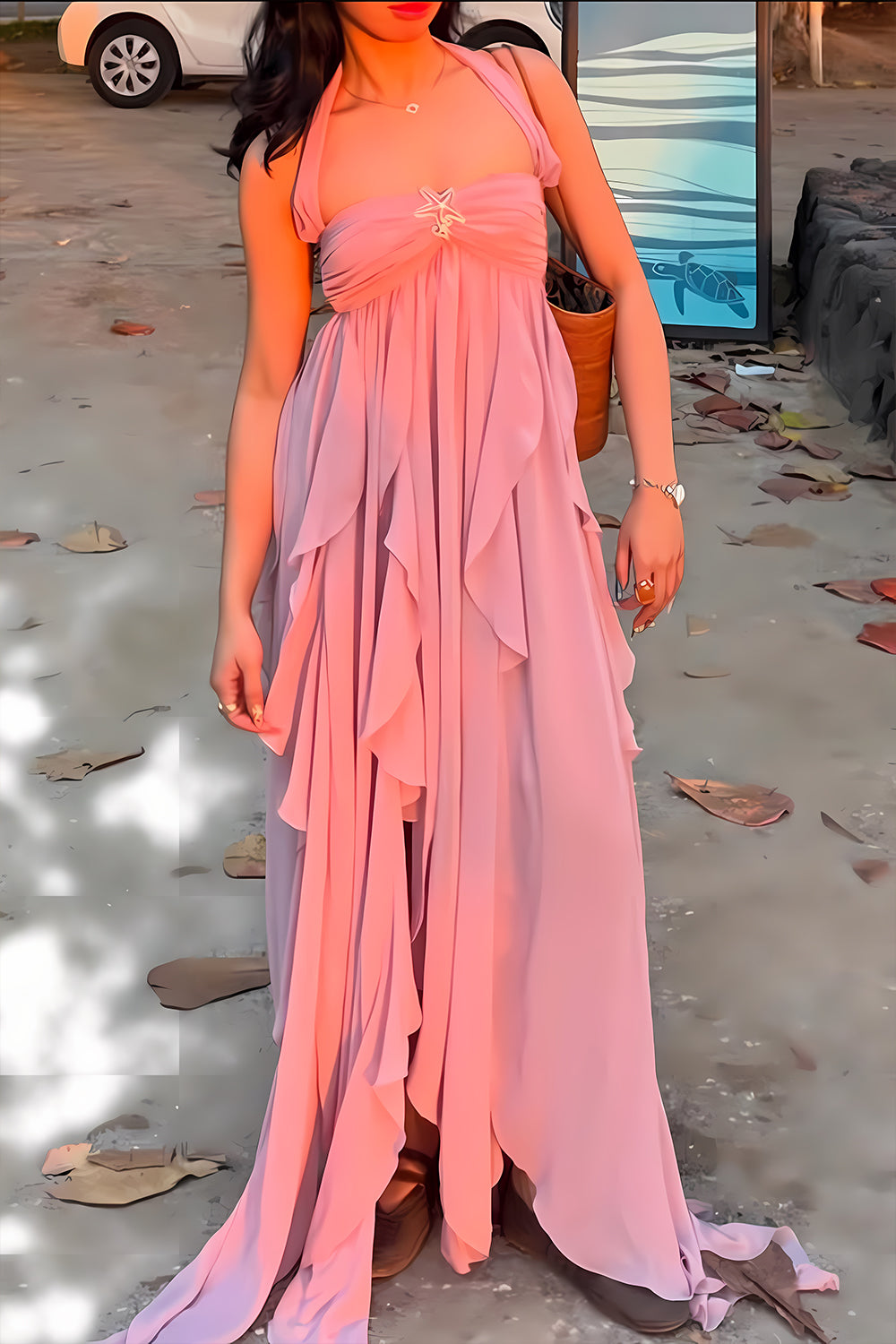 Chic A Line Halter Neck Pink Long Prom Dress with Ruffles