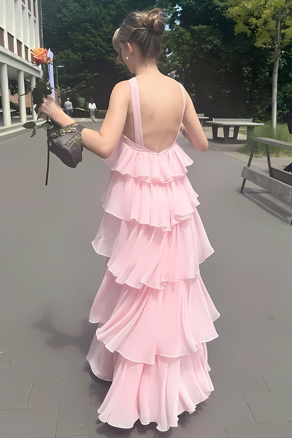 Princess A Line Halter Neck Pink Long Prom Dress with Ruffles