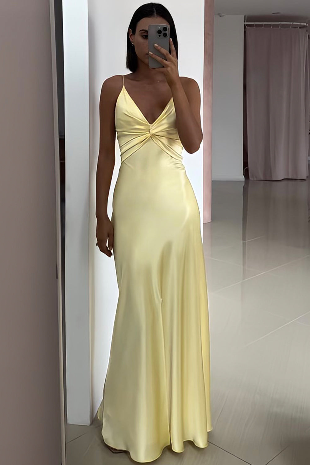 Chic A Line Spaghetti Straps Yellow Long Party Dress with Split Front - View 3 | VelvetHem