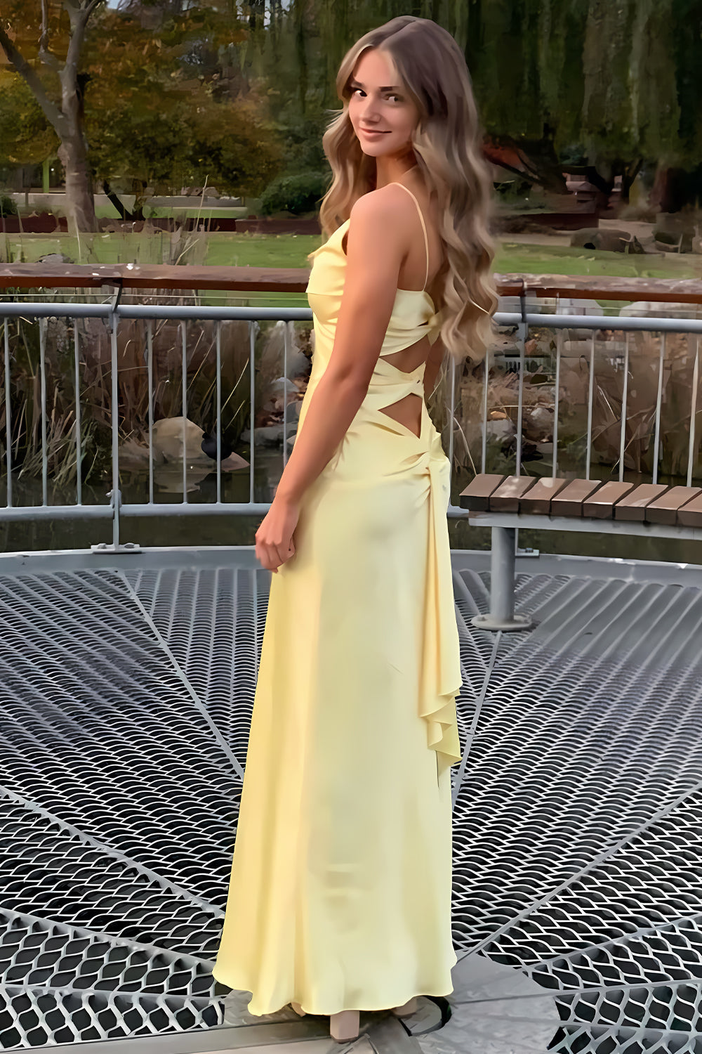 Chic A Line Spaghetti Straps Yellow Long Party Dress with Split Front - View 2 | VelvetHem