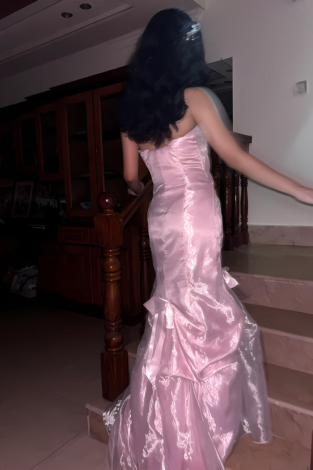 Princess Mermaid Strapless Pink Long Prom Dress with Ruffles