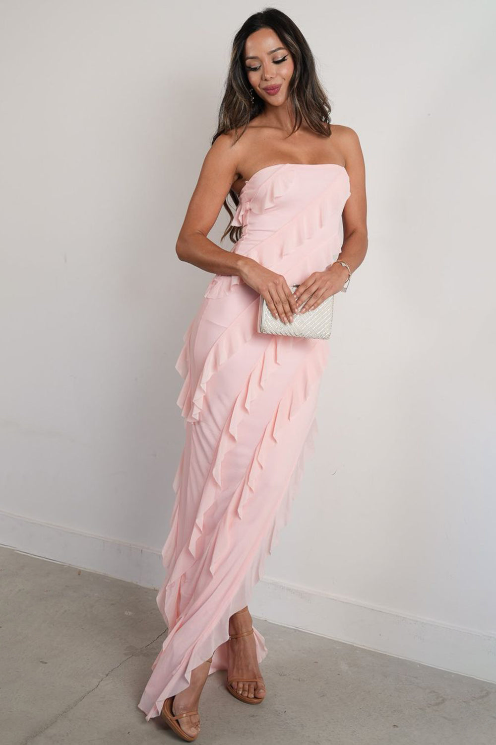 Fashion Sheath Strapless Pink Long Prom Dress with Ruffles - View 3 | VelvetHem