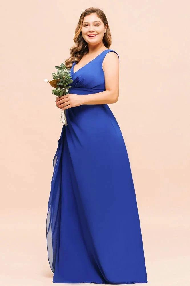 Plus Size Chiffon Sleeveless Royal Blue Bridesmaid  Dress V-neck Simple Wedding Dress (ZD12967)