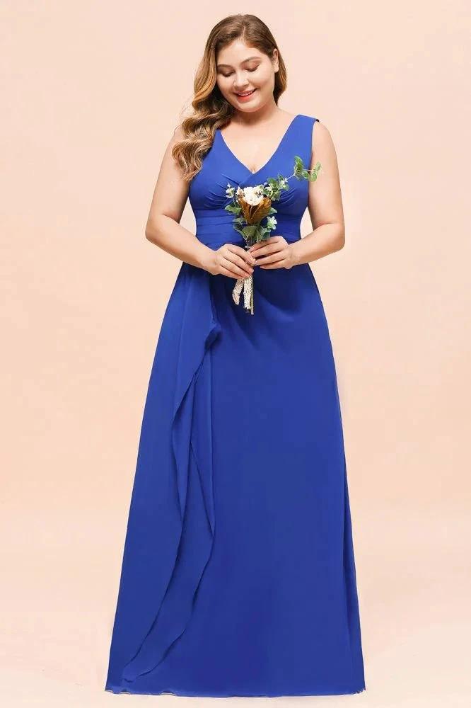 Plus Size Chiffon Sleeveless Royal Blue Bridesmaid  Dress V-neck Simple Wedding Dress (ZD12967)