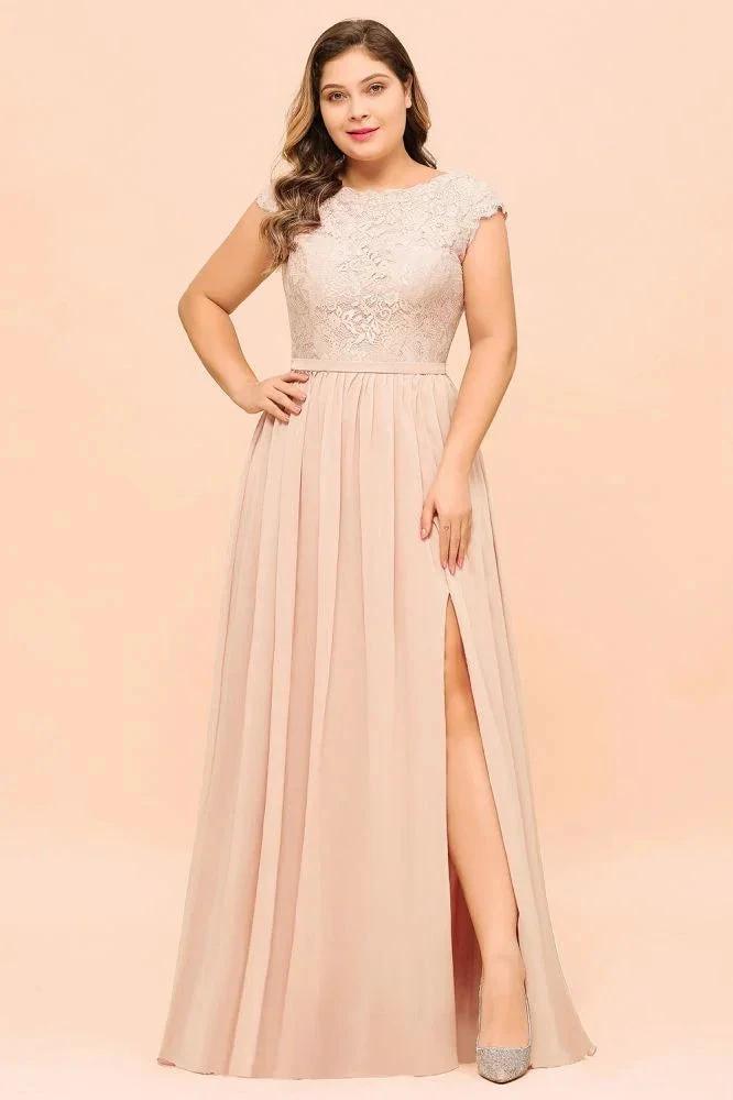 Plus Size Lace Pearl Pink Bridesmaid Dress Short Sleeves Side Split Wedding Party Dress (ZD12982) - VelvetHem