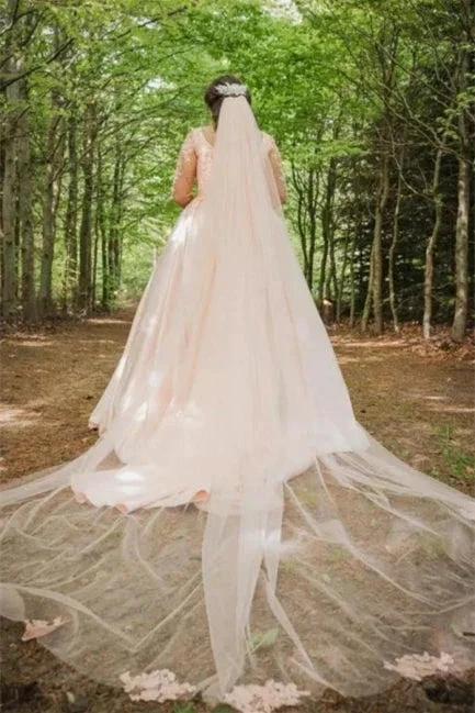 Plus Size Wedding Dress Floral Tulle A-line Bridal Gown with Long Sleeves (ZD14631)