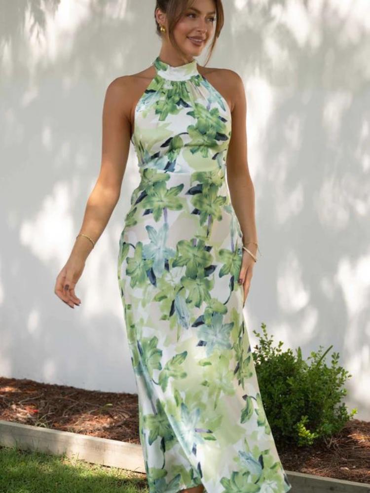Abigail Chic Printed Halterneck Midi Dress in Backless Satin Premium Wardrobe Essential