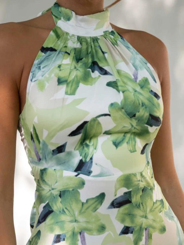 Angélica Minimalist Printed Halterneck Midi Dress in Backless Satin Evening Wear Edit