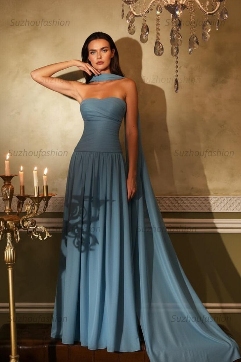Chiffon Strapless Sleeveless Long Evening Formal Dress With Ruffled Pleated