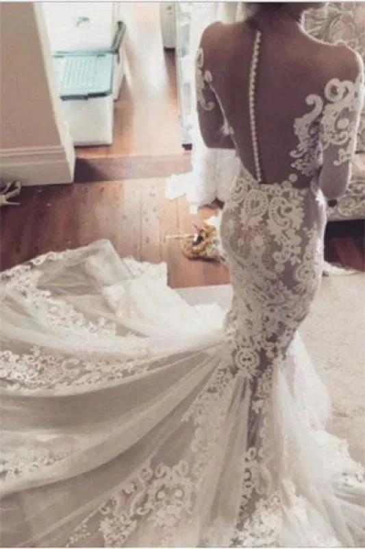 Pretty Pretty Mermaid Lace Appliques Long Sleeves Sheer Tulle Elegant Wedding Dresses (ZD14732) - VelvetHem