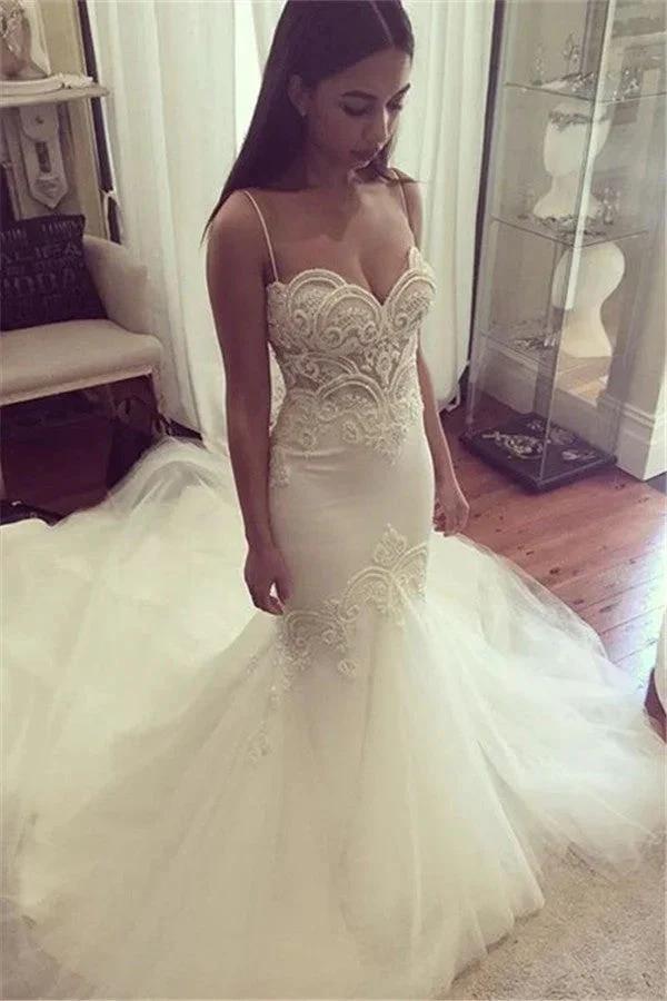 Pretty Spaghetti-Straps Sweetheart Wedding Dress Summer Sheath Tulle Bridal Gown (ZD13851) - VelvetHem
