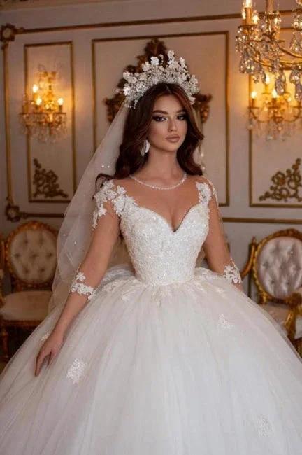 Princess Long A-line V-neck Lace Wedding Dresses With Long Sleeves (ZD14985)