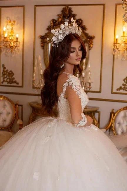 Princess Long A-line V-neck Lace Wedding Dresses With Long Sleeves (ZD14985)