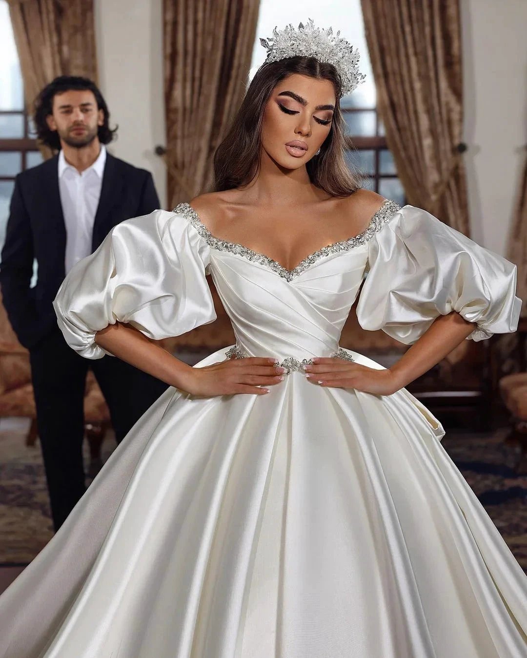 Princess Long Ivory A-line V-neck Jewel Wedding Dress With Long Sleeves (ZD16511)