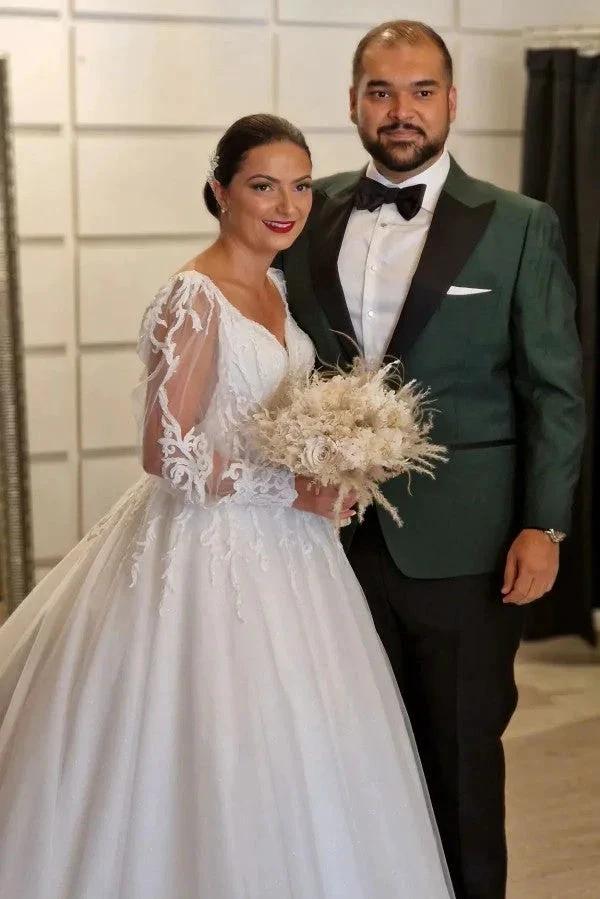 Princess Long V-neck A-line Lace Wedding Dresses With Long Sleeves (ZD14841)