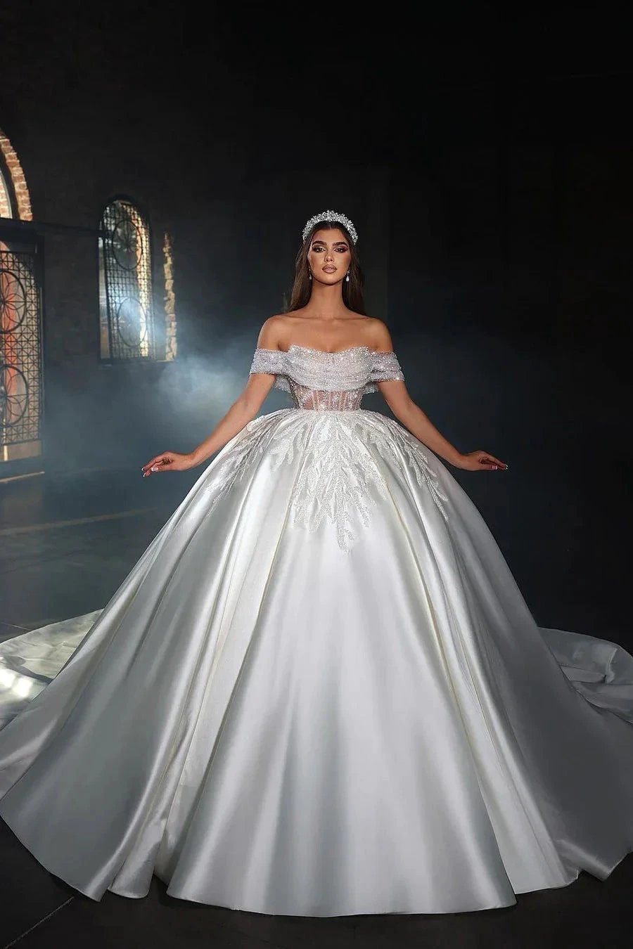 Princess Long White A-line Off-the-shoulder Beading Lace Wedding Dress (ZD14926) - VelvetHem