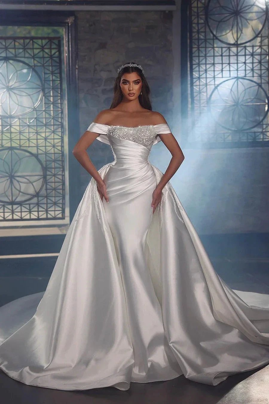Princess Long White A-line Off-the-shoulder Lace Beading Wedding Dress With Detachable Train (ZD16512) - VelvetHem