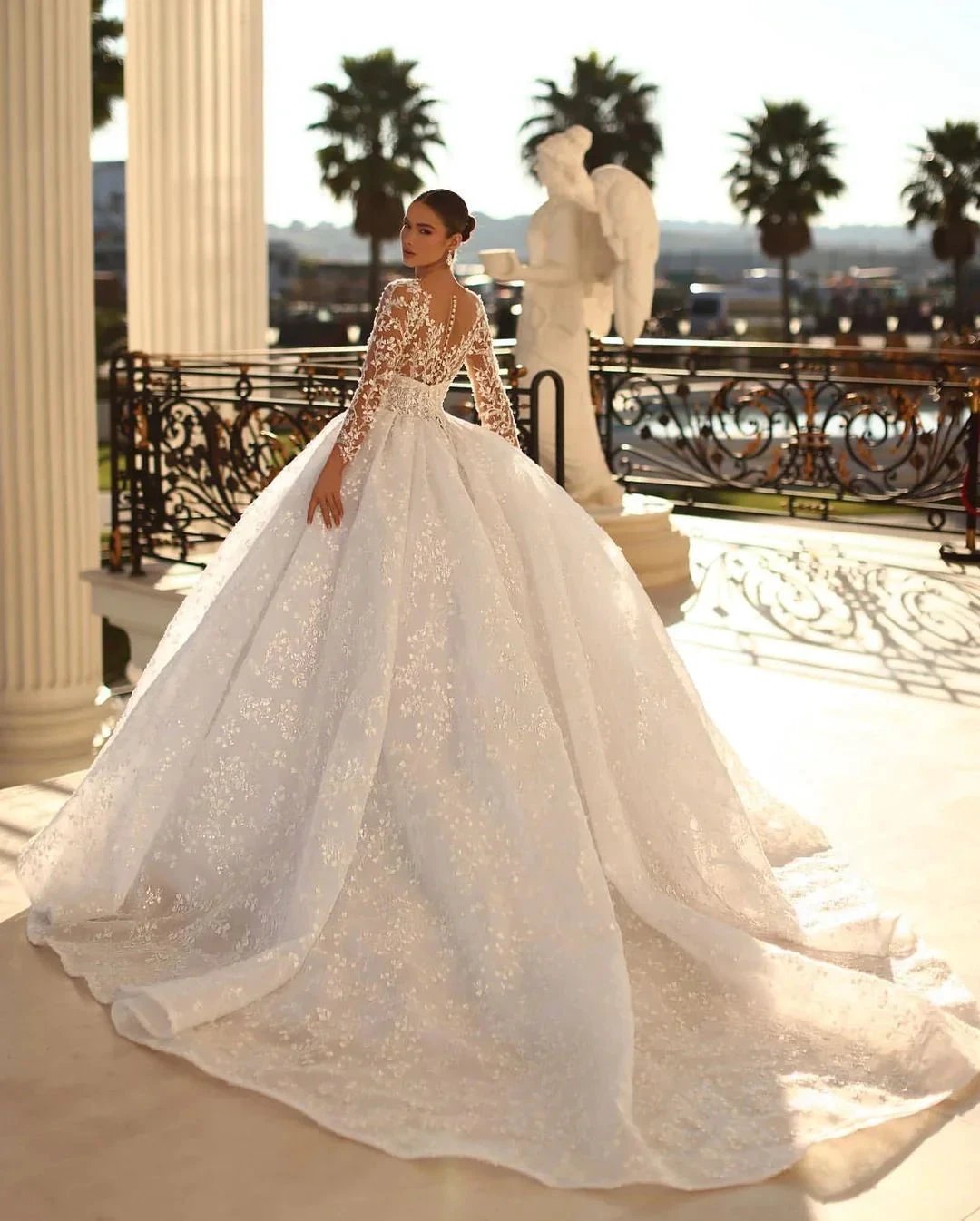Princess Long White A-line V-neck Lace Wedding Dress With Long Sleeves (ZD16497)