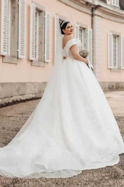 Princess Long White Off-the-shoulder A-line V-neck Organza Satin Wedding Dress (ZD16626)