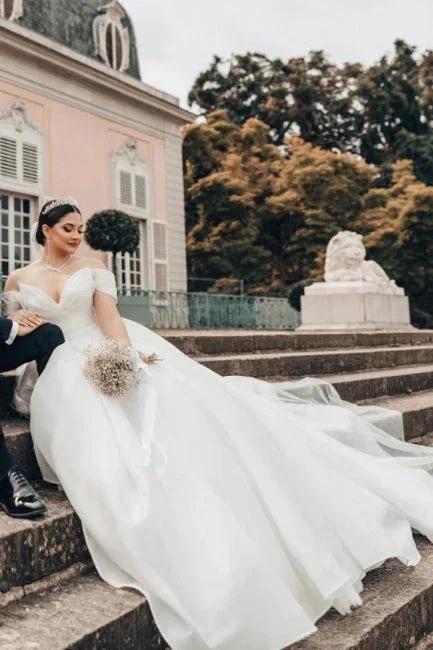 Princess Long White Off-the-shoulder A-line V-neck Organza Satin Wedding Dress (ZD16626)