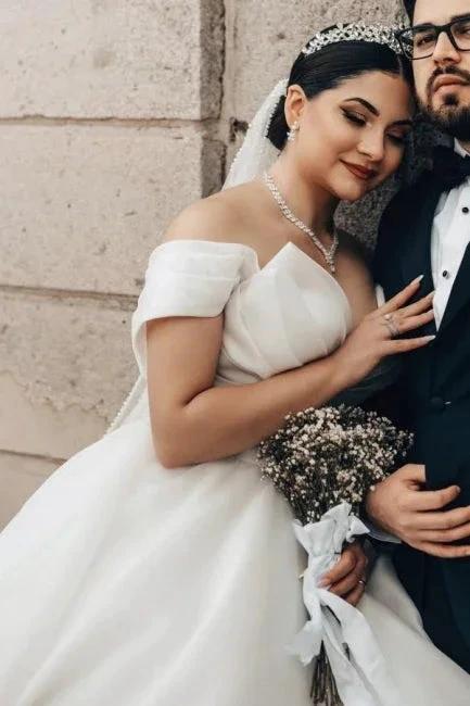 Princess Long White Off-the-shoulder A-line V-neck Organza Satin Wedding Dress (ZD16626)