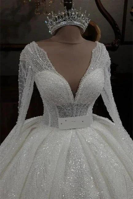Princess V-neck Glitter A-line Wedding Dresses With Sleeves (ZD14633)