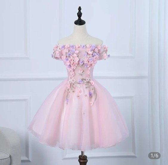 Off the shoulder Pink Short Homecoming Dress With Flowers - VelvetHem