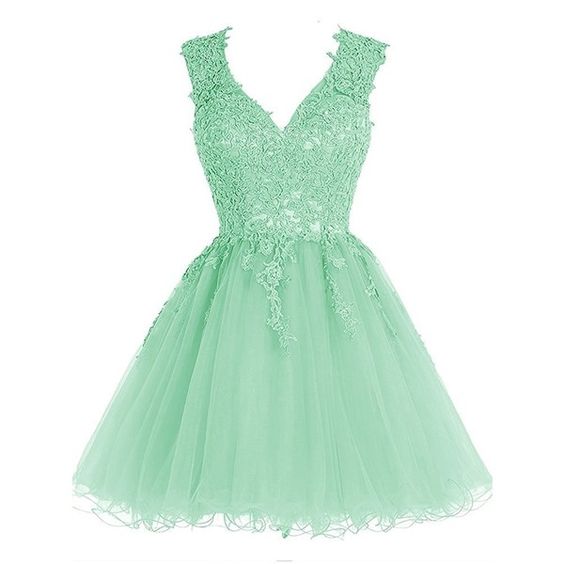 Mint Green V Neck Lace Top Homecoming A-line Back to School Dress - VelvetHem