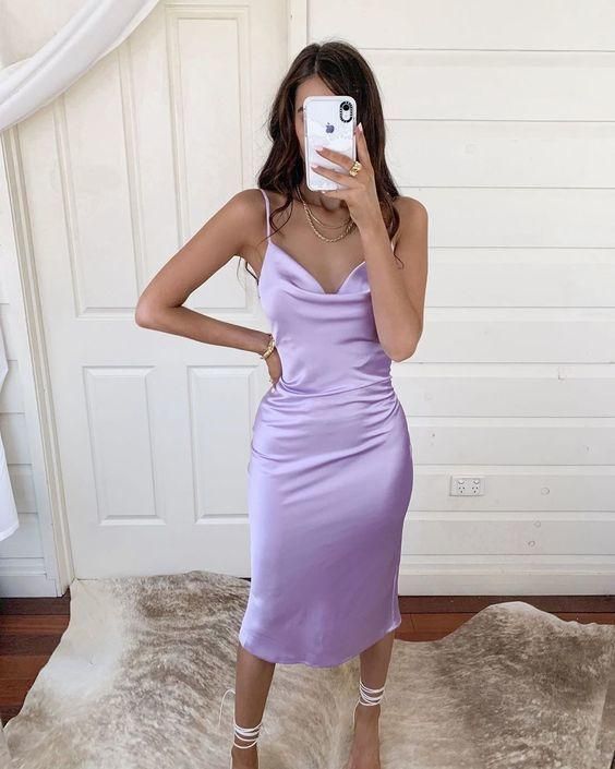 Purple Spaghetti Straps Satin Midi Length Prom Dress