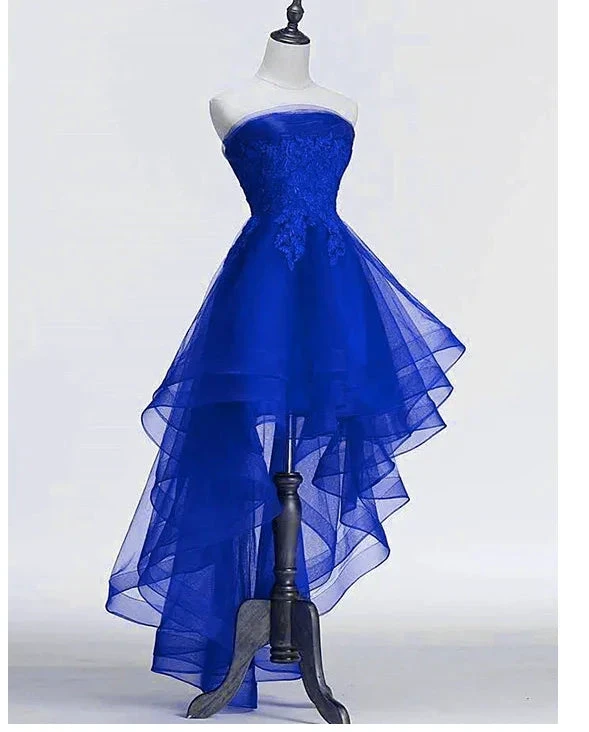 Royal Blue Tulle with Lace Applique High Low Party Dress Blue Homecoming Dress (ZD12513) - VelvetHem