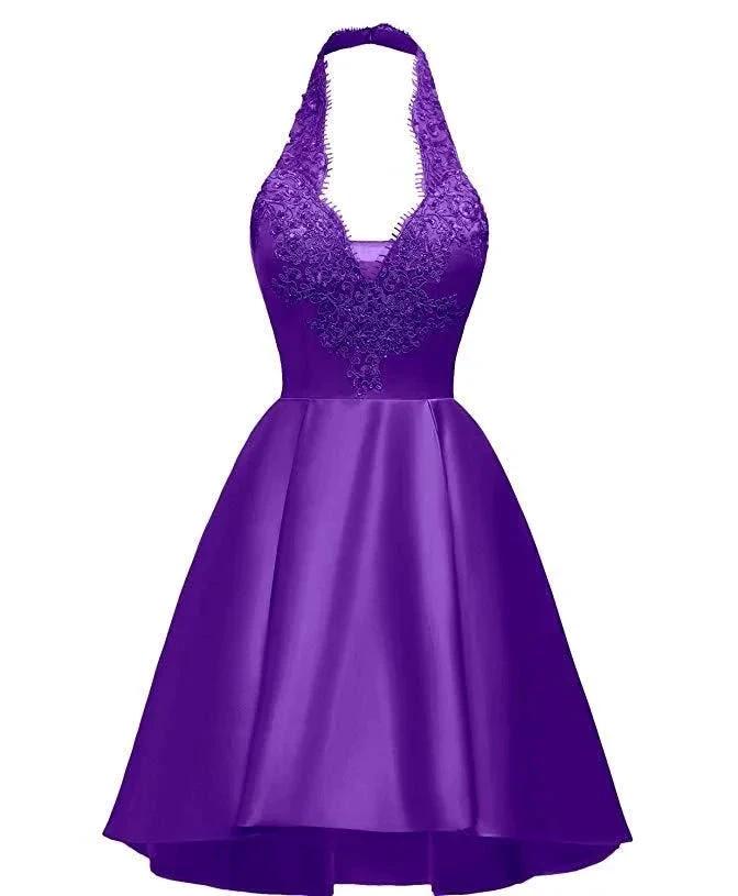 Halter Deep V Neck Satin Appliques Purple Backless Pleated A Line Homecoming Dresses (ZD12445) - VelvetHem