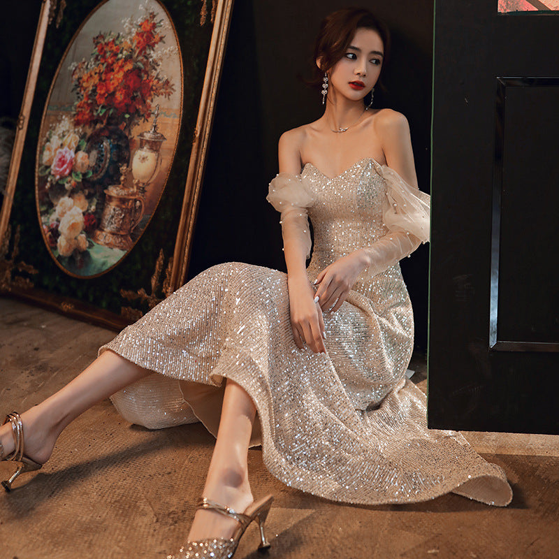 Champagne evening dress, off-the-shoulder party dress, shiny sexy dress
