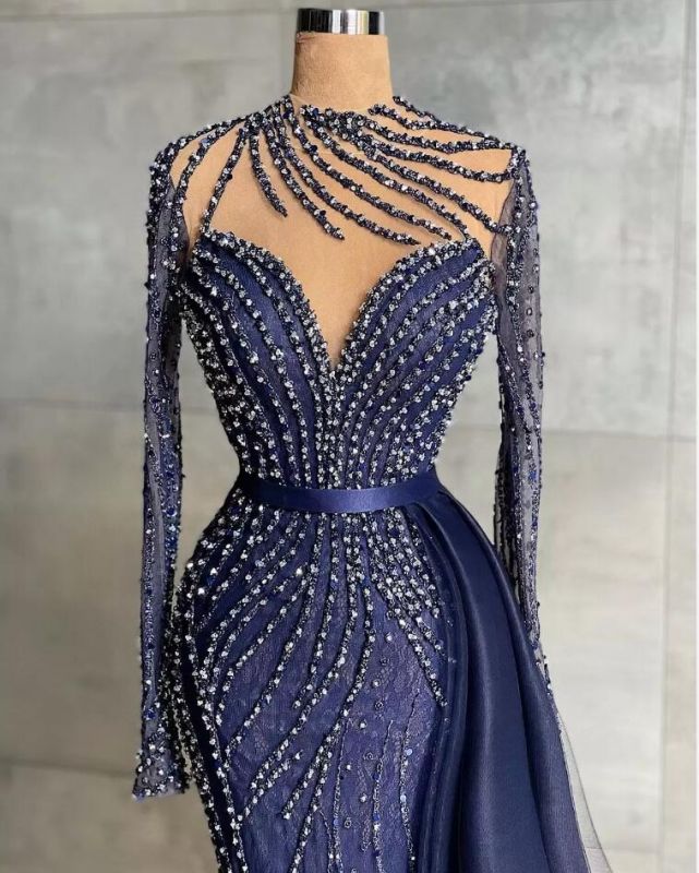 Stylish High Neck Navy Mermaid Evening Dress with Detachable Tulle Train Crystals Beads Long Prom Dress - View 3 | VelvetHem
