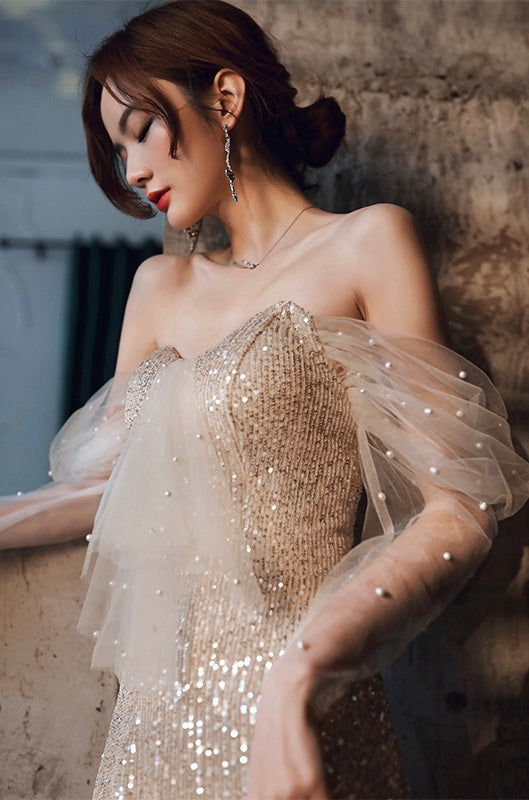 Champagne evening dress, off-the-shoulder party dress, shiny sexy dress