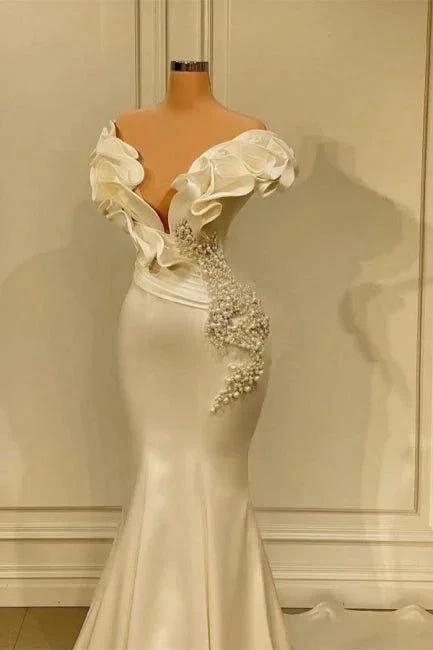 Generous White Long Pearl Ruffle Wedding Dresses Y1747 by simplepromdress