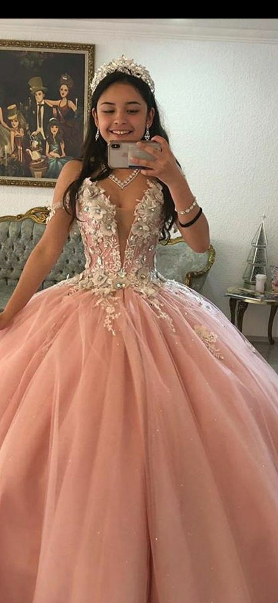 Deep V Neck Pink Tulle Ball Gown Princess Dress Y583 - VelvetHem