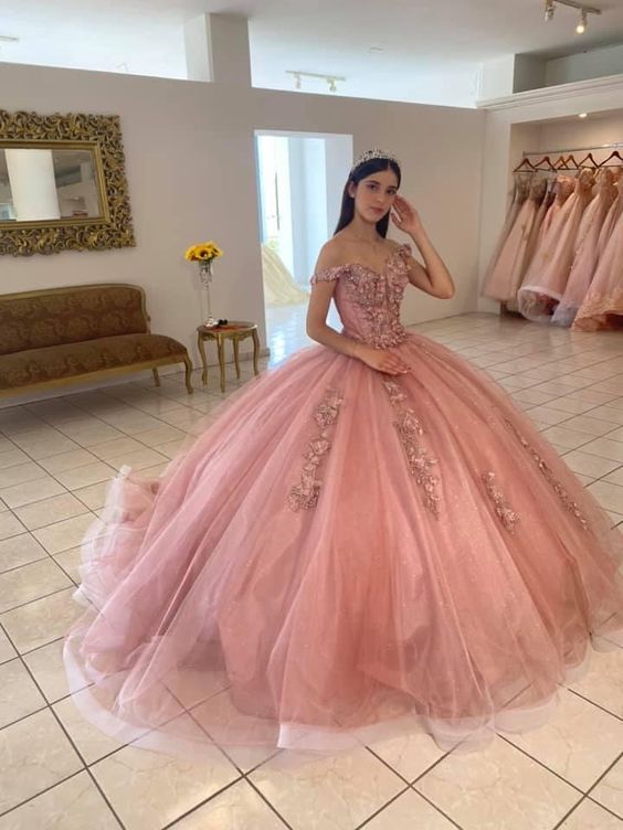 Off The Shoulder Pink Tulle Ball Gown Sweet 16 Dress Princess Dress Y582 - VelvetHem