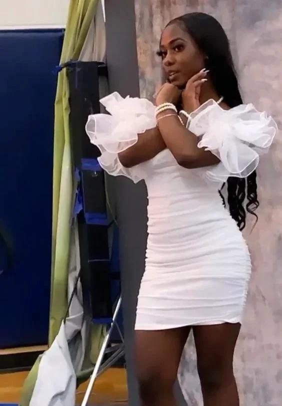 Ruffle Off Shoulder Butterfly Sleeve Dress 18th Birthday Outfit White Short Homecoming Dress (ZD12507)