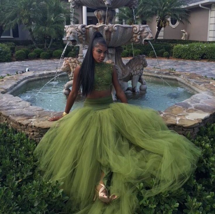 Olive Green Two Pieces Prom Dresses Lace Bodice African Girl Black Girl Evening Dress Y534 - VelvetHem