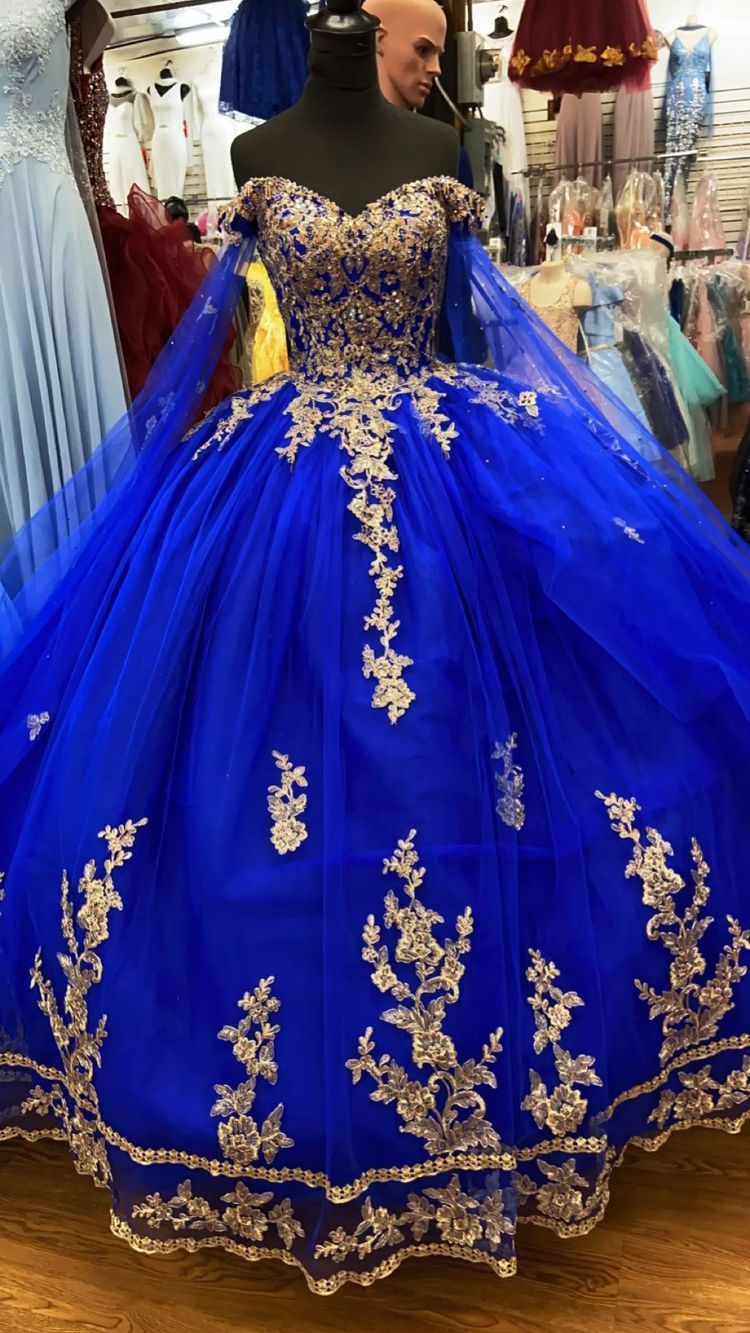 Royal Blue Tulle Ball Gown With Gold Lace Sweet 16 Dress Y530 - VelvetHem