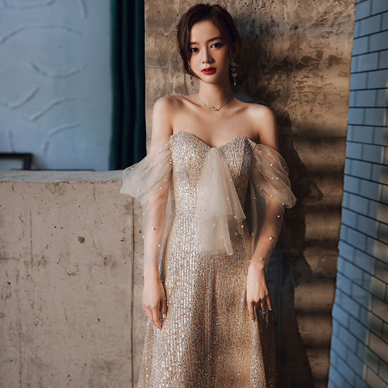 Champagne evening dress, off-the-shoulder party dress, shiny sexy dress
