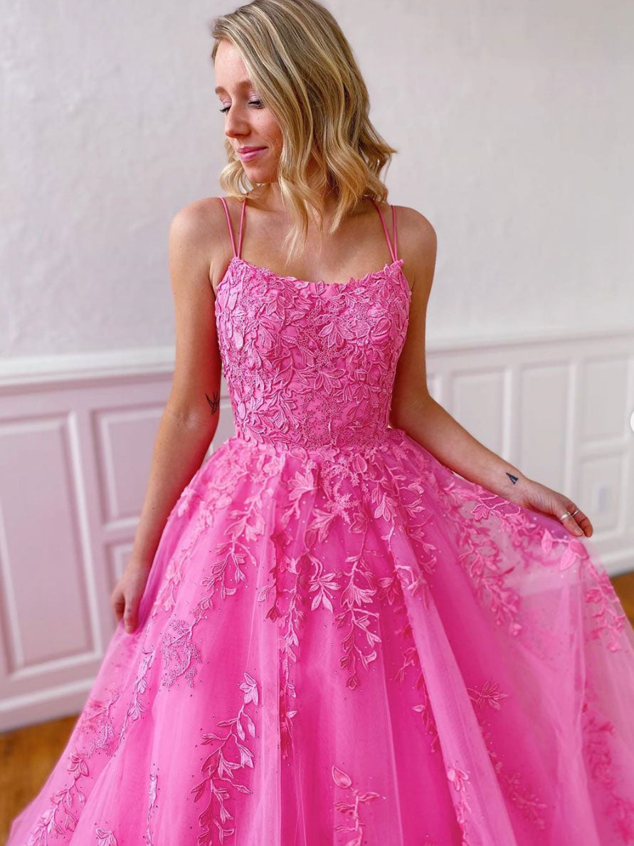 Hot Pink Tulle Lace Long Prom Dress Hot pink Tulle Lace Formal Dress - View 2 | VelvetHem