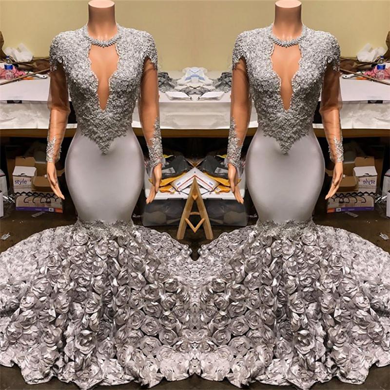 Silver Party Dress Fit And Flare Floral Prom Dresses Lace Appliques Real Shooting Formal Dresses - View 2 | VelvetHem